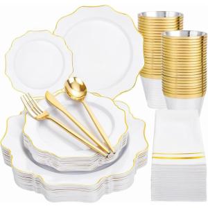 imageWDF 175Pcs Pink Plastic Plates  Pink and Gold Plates Disposable 25guest Plastic Dinnerware Ideal for Tea PartyBridal ShowerWeddingBaby ShowerBirtyday PartyWhite and Gold