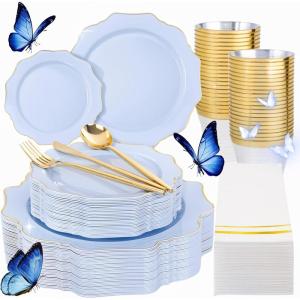 imageWDF 175Pcs Pink Plastic Plates  Pink and Gold Plates Disposable 25guest Plastic Dinnerware Ideal for Tea PartyBridal ShowerWeddingBaby ShowerBirtyday PartyBlue