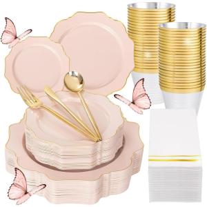 imageWDF 175Pcs Pink Plastic Plates  Pink and Gold Plates Disposable 25guest Plastic Dinnerware Ideal for Tea PartyBridal ShowerWeddingBaby ShowerBirtyday PartyPink