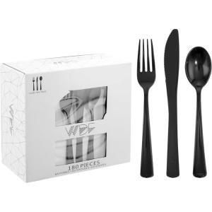 imageWDF 180 Pieces Black and Gold Plastic Silverware Halloween Black Plastic Cutlery Incluede 60 Forks 60 Knives 60 Spoons Heavy Duty Disposable Flatware  Gold Utensils for HalloweenPartyDaily UseBlack  180PCS