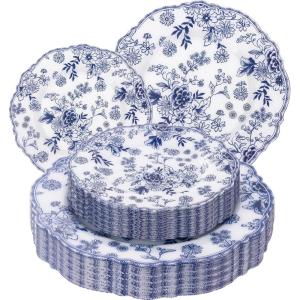 imageWDF 20PCS Blue Plastic Plates  Baroque White and Blue Plates  Chinoiserie Floral Party Decorations for BirthdayTea PartyBlue China Flower