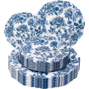 imageWDF 20PCS Blue Plastic Plates  Baroque White and Blue Plates  Chinoiserie Floral Party Decorations for BirthdayTea PartyBlue Juyi Flower