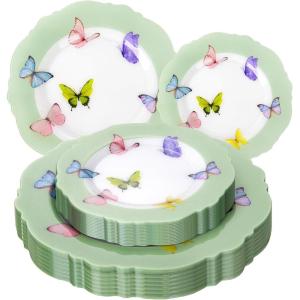 imageWDF 20PCS Blue Plastic Plates  Baroque White and Blue Plates  Chinoiserie Floral Party Decorations for BirthdayTea PartyGreen