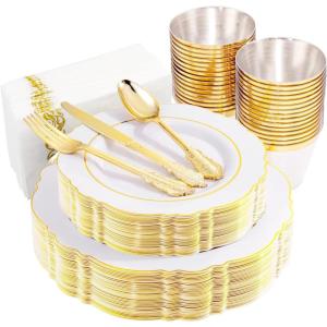 imageWDF 25 Guest Gold Plastic Plates ampamp Silverware ampamp Cups  50 Plates 75 Silverware 25 Cups ampamp Napkins for Mothers Day