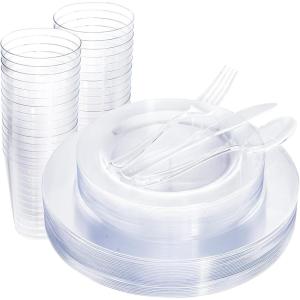 imageWDF 25 Guest Pink Plates with Pink Plastic SilverwareampampPink CupsNeon Clear Disposable Dinnerware include 50 Plates25Forks 25 Knives 25 Spoons25 Plastic Cups for Party and Baby ShowerClear