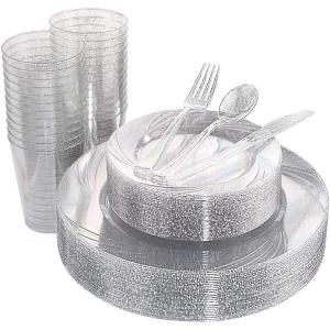 imageWDF 25 Guest Pink Plates with Pink Plastic SilverwareampampPink CupsNeon Clear Disposable Dinnerware include 50 Plates25Forks 25 Knives 25 Spoons25 Plastic Cups for Party and Baby ShowerSilver