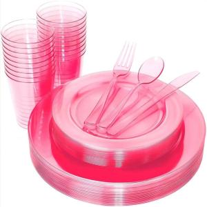imageWDF 25 Guest Pink Plates with Pink Plastic SilverwareampampPink CupsNeon Clear Disposable Dinnerware include 50 Plates25Forks 25 Knives 25 Spoons25 Plastic Cups for Party and Baby ShowerPink