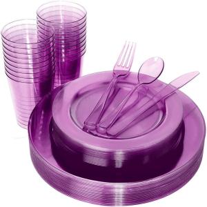 imageWDF 25 Guest Pink Plates with Pink Plastic SilverwareampampPink CupsNeon Clear Disposable Dinnerware include 50 Plates25Forks 25 Knives 25 Spoons25 Plastic Cups for Party and Baby ShowerPurple
