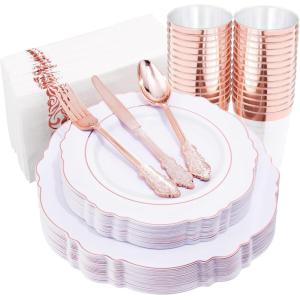 imageWDF 25Guest Disposable Rose Gold Plastic Dinnerware Set Include 50 Rose Gold Plastic Plates 75 Plastic Silverware 25 Cups and 25 Napkins for WeddingPartyMothers Day