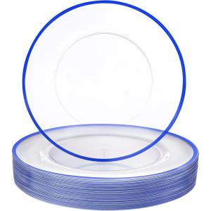 imageWDF 25Pack Gold Charger Plates  12inch Clear Chargers with Gold Trim  Clear Plates Disposable for Dinner PartyWeddingBirthdayBlue