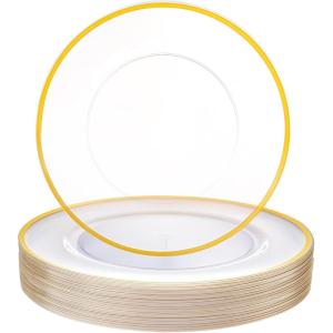imageWDF 25Pack Gold Charger Plates  12inch Clear Chargers with Gold Trim  Clear Plates Disposable for Dinner PartyWeddingBirthdayClear and Gold