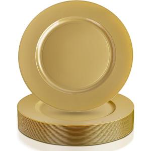 imageWDF 25Pack Gold Charger Plates  12inch Clear Chargers with Gold Trim  Clear Plates Disposable for Dinner PartyWeddingBirthdayGold