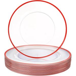 imageWDF 25Pack Gold Charger Plates  12inch Clear Chargers with Gold Trim  Clear Plates Disposable for Dinner PartyWeddingBirthdayRed