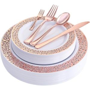 imageWDF 300PCS White and Gold Plates  Wedding Plastic Dinnerware Set for 50 Guests Include 50 Dinner ampamp 50 Cake Plates 50 Cutlery 50 Cups for Wedding Birthday PartyRose Gold