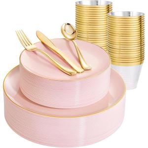 imageWDF 300PCS White and Gold Plates  Wedding Plastic Dinnerware Set for 50 Guests Include 50 Dinner ampamp 50 Cake Plates 50 Cutlery 50 Cups for Wedding Birthday PartyPink and Gold
