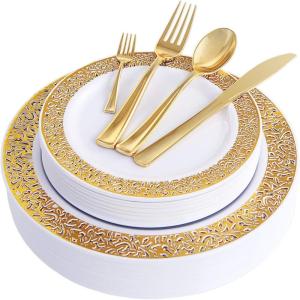 imageWDF 300PCS White and Gold Plates  Wedding Plastic Dinnerware Set for 50 Guests Include 50 Dinner ampamp 50 Cake Plates 50 Cutlery 50 Cups for Wedding Birthday PartyGold