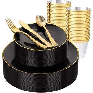 imageWDF 300PCS White and Gold Plates  Wedding Plastic Dinnerware Set for 50 Guests Include 50 Dinner ampamp 50 Cake Plates 50 Cutlery 50 Cups for Wedding Birthday PartyBlack and Gold