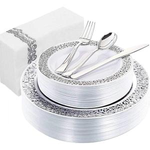 imageWDF 300PCS White and Gold Plates  Wedding Plastic Dinnerware Set for 50 Guests Include 50 Dinner ampamp 50 Cake Plates 50 Cutlery 50 Cups for Wedding Birthday PartySilver