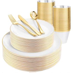 imageWDF 300PCS White and Gold Plates  Wedding Plastic Dinnerware Set for 50 Guests Include 50 Dinner ampamp 50 Cake Plates 50 Cutlery 50 Cups for Wedding Birthday PartyWhite and Gold