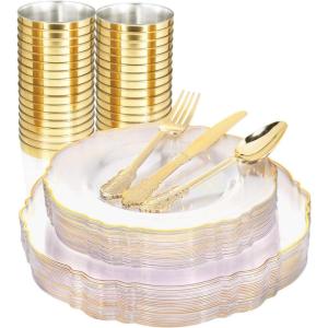 imageWDF 30Guest Clear and Gold Plastic Plates with Gold Plastic Silverware include 30 Dinner Plates30 Salad Plates30 Forks 30 Knives30 Spoons30 Cups for Weddings Parties