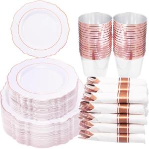 imageWDF 350 Pieces Disposable Rose Gold Plastic Dinnerware Set  Baroque Rose Gold Plates Include 100 Plates Disposable50 Pre Rolled Napkins with Gold Silverware and 50Cups