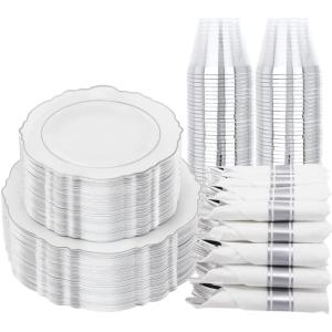 imageWDF 350Pieces Silver Plastic PlatesampampPre Rolled Napkins with Silver Plastic Cutlery Baroque WhiteampampSilver plates Include100 Plastic Plates 50 Cutlery with Napkins and 50 Silver Clear Cups
