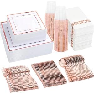 imageWDF 50 Guest Rose Gold Plates with Disposable Cutleryampamp Plastic CupsSquare Rose Gold Plates and Napkins Party SuppliesPlastic Dinnerwarefor Weddingampamp Parties
