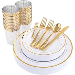 imageWDF Rose Gold Pink Plastic Plates with Pink Plastic Silverware include 40 Dinner ampamp Salad Plates 40Forks 40 Knives 40 Spoons for WeddingPartyGold