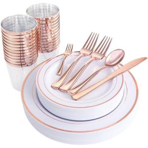 imageWDF Rose Gold Pink Plastic Plates with Pink Plastic Silverware include 40 Dinner ampamp Salad Plates 40Forks 40 Knives 40 Spoons for WeddingPartyRose Gold