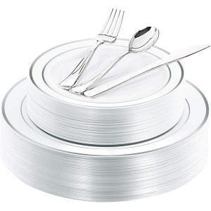 imageWDF Rose Gold Pink Plastic Plates with Pink Plastic Silverware include 40 Dinner ampamp Salad Plates 40Forks 40 Knives 40 Spoons for WeddingPartySilver