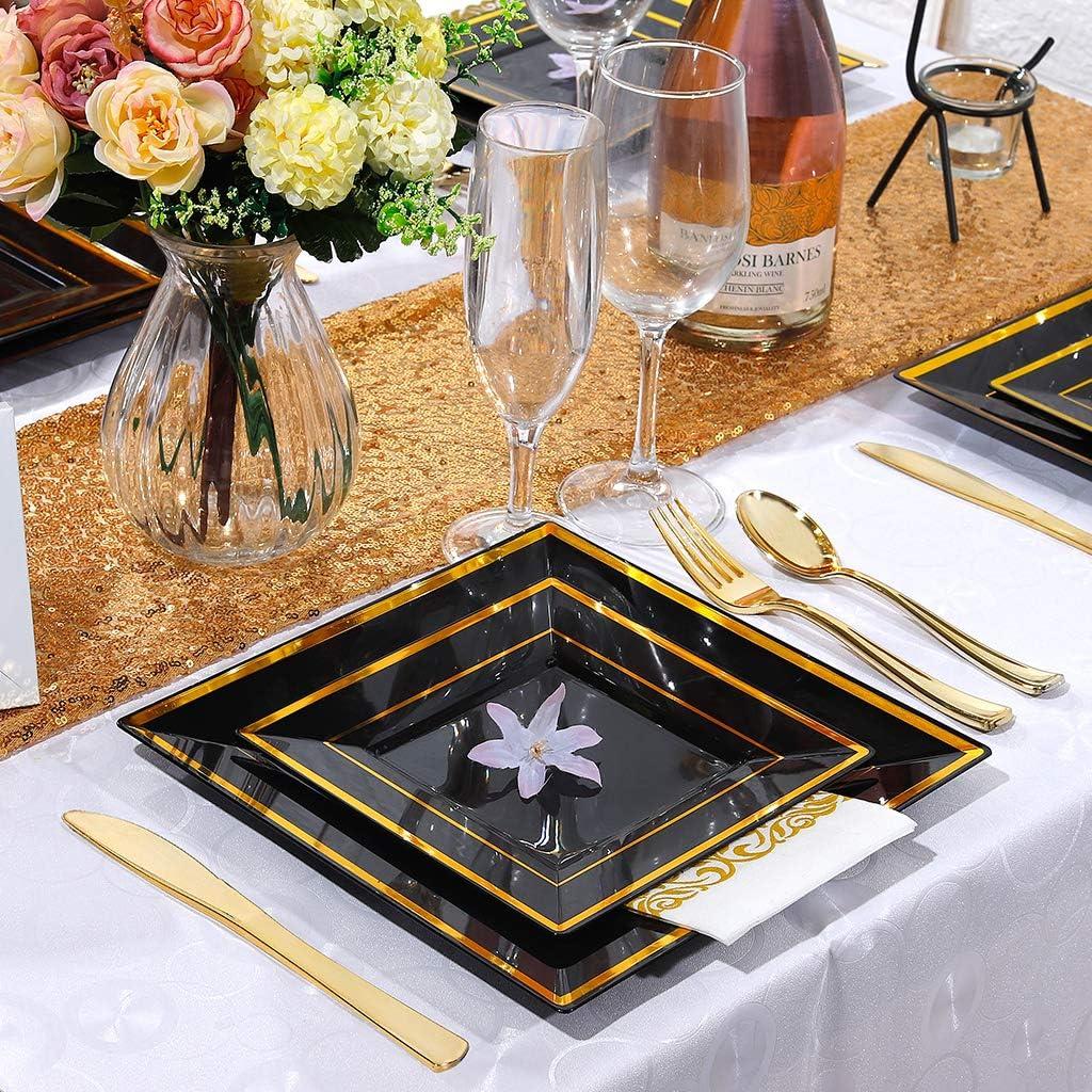 imageWDF 125Pieces Black Plates Disposable with Gold Rim ampamp Disposable Gold Plastic Silverware for Halloween  50 Graduation Plates  25 Forks 25 Knives 25 SpoonsBlack and Gold