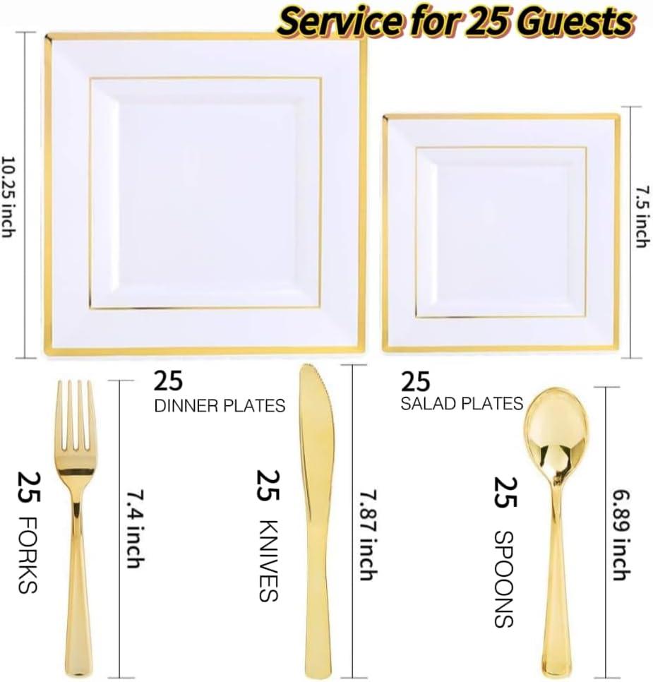 imageWDF 125Pieces Black Plates Disposable with Gold Rim ampamp Disposable Gold Plastic Silverware for Halloween  50 Graduation Plates  25 Forks 25 Knives 25 SpoonsWhite and Gold