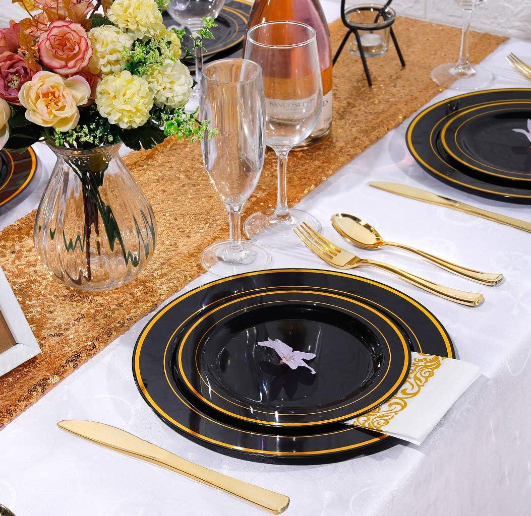 imageWDF 125Pieces Black Plates Disposable with Gold Rim ampamp Disposable Gold Plastic Silverware for Halloween  50 Graduation Plates  25 Forks 25 Knives 25 SpoonsBlack and Gold