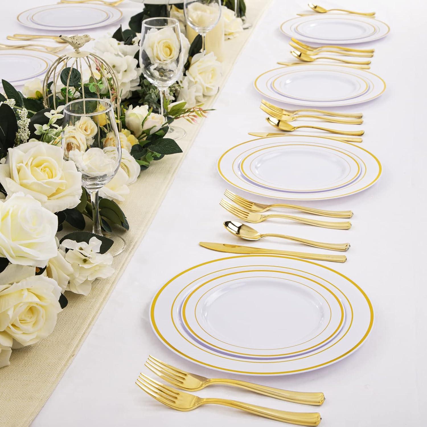imageWDF 125Pieces Black Plates Disposable with Gold Rim ampamp Disposable Gold Plastic Silverware for Halloween  50 Graduation Plates  25 Forks 25 Knives 25 SpoonsWhite and Gold