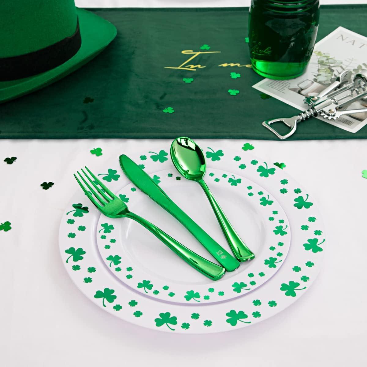 imageWDF 125Pieces Black Plates Disposable with Gold Rim ampamp Disposable Gold Plastic Silverware for Halloween  50 Graduation Plates  25 Forks 25 Knives 25 SpoonsWhiteGreen