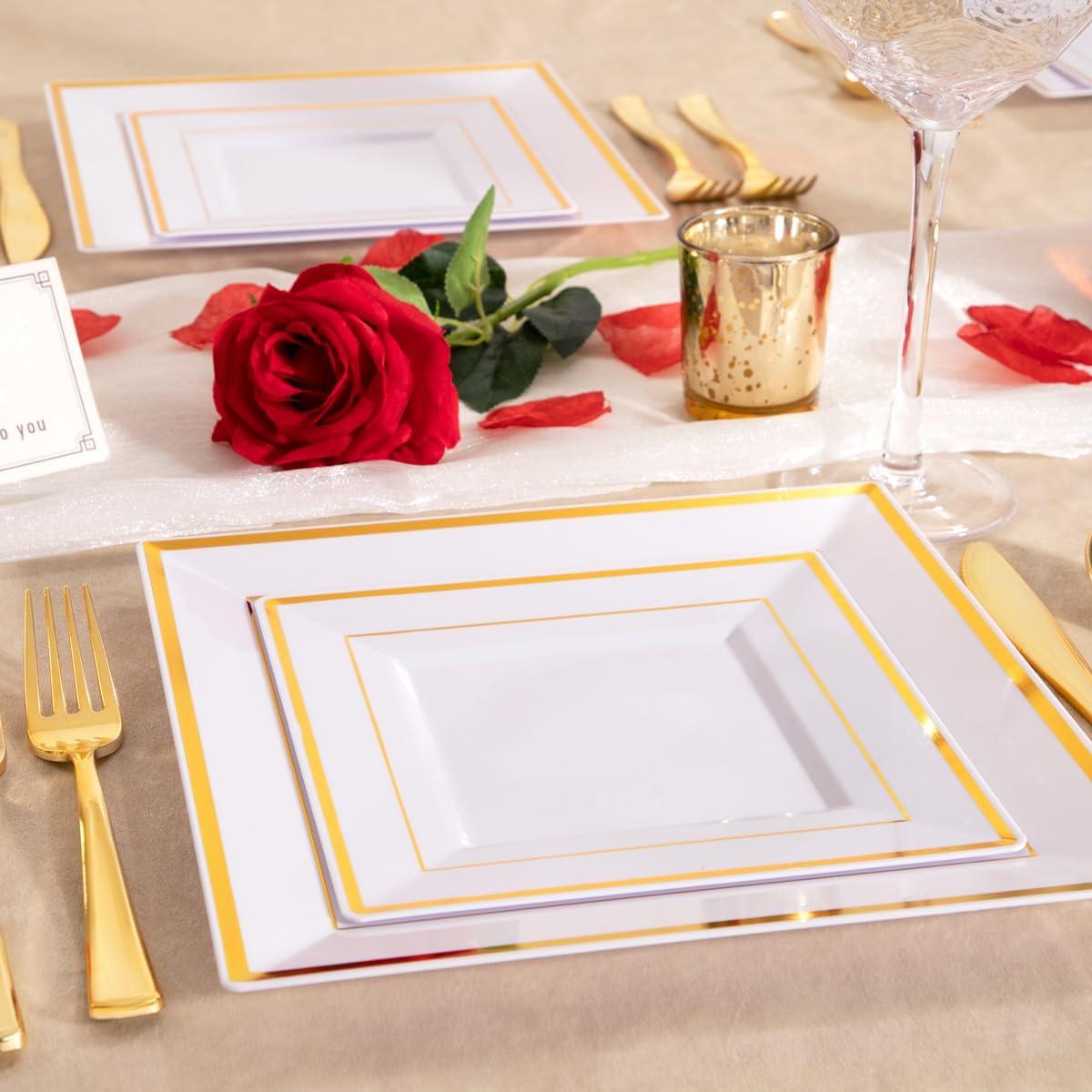 imageWDF 125Pieces Black Plates Disposable with Gold Rim ampamp Disposable Gold Plastic Silverware for Halloween  50 Graduation Plates  25 Forks 25 Knives 25 SpoonsWhite and Gold