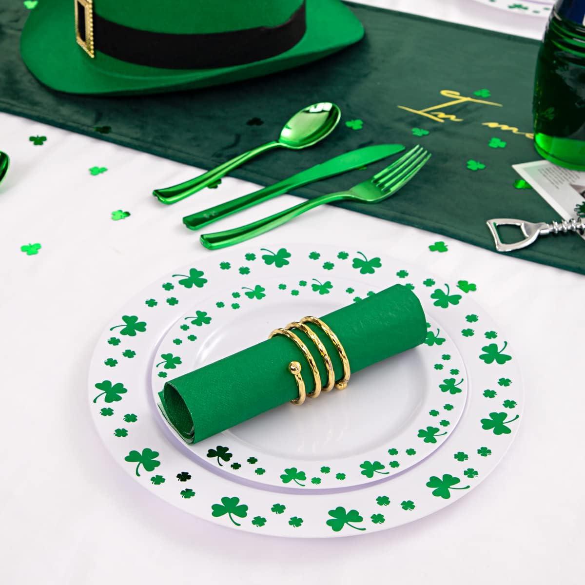imageWDF 125Pieces Black Plates Disposable with Gold Rim ampamp Disposable Gold Plastic Silverware for Halloween  50 Graduation Plates  25 Forks 25 Knives 25 SpoonsWhiteGreen