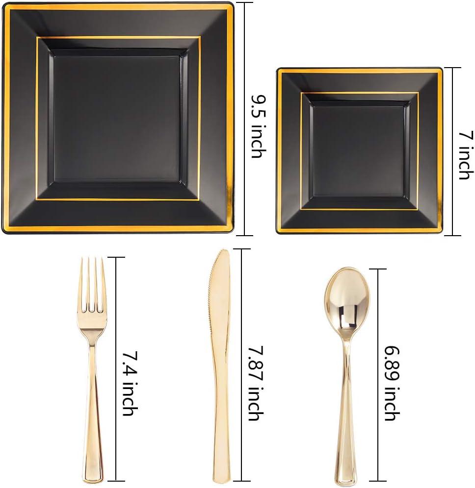 imageWDF 125Pieces Black Plates Disposable with Gold Rim ampamp Disposable Gold Plastic Silverware for Halloween  50 Graduation Plates  25 Forks 25 Knives 25 SpoonsBlack and Gold