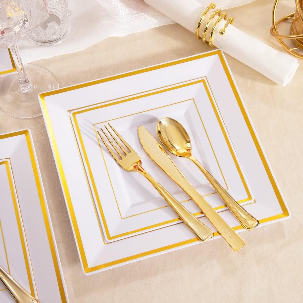 imageWDF 125Pieces Black Plates Disposable with Gold Rim ampamp Disposable Gold Plastic Silverware for Halloween  50 Graduation Plates  25 Forks 25 Knives 25 SpoonsWhite and Gold