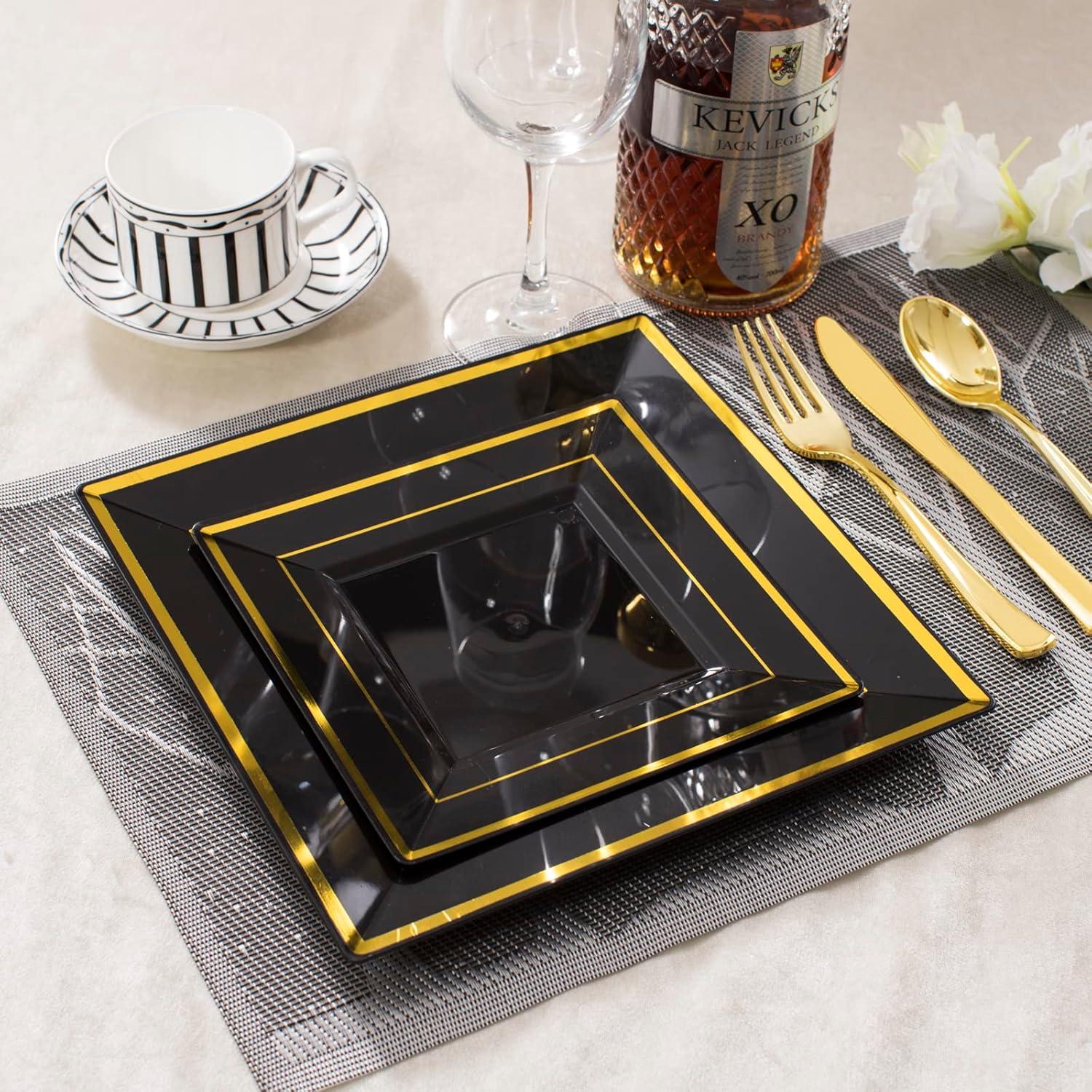 imageWDF 125Pieces Black Plates Disposable with Gold Rim ampamp Disposable Gold Plastic Silverware for Halloween  50 Graduation Plates  25 Forks 25 Knives 25 SpoonsBlack and Gold