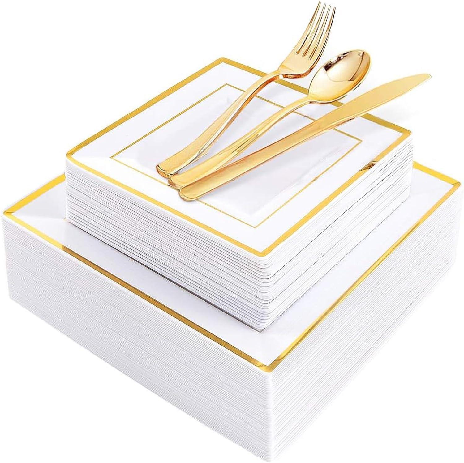 imageWDF 125Pieces Black Plates Disposable with Gold Rim ampamp Disposable Gold Plastic Silverware for Halloween  50 Graduation Plates  25 Forks 25 Knives 25 SpoonsWhite and Gold