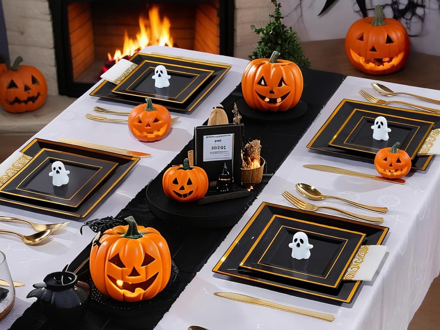 imageWDF 125Pieces Black Plates Disposable with Gold Rim ampamp Disposable Gold Plastic Silverware for Halloween  50 Graduation Plates  25 Forks 25 Knives 25 SpoonsBlack and Gold