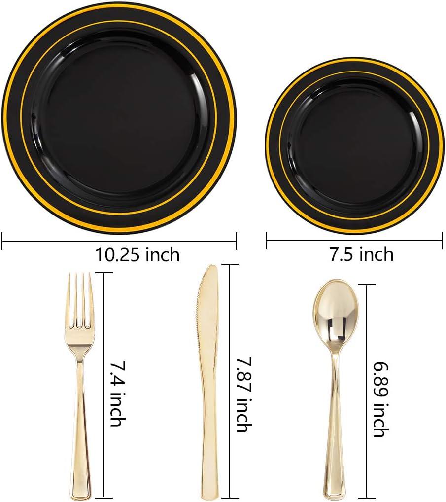 imageWDF 125Pieces Black Plates Disposable with Gold Rim ampamp Disposable Gold Plastic Silverware for Halloween  50 Graduation Plates  25 Forks 25 Knives 25 SpoonsBlack and Gold