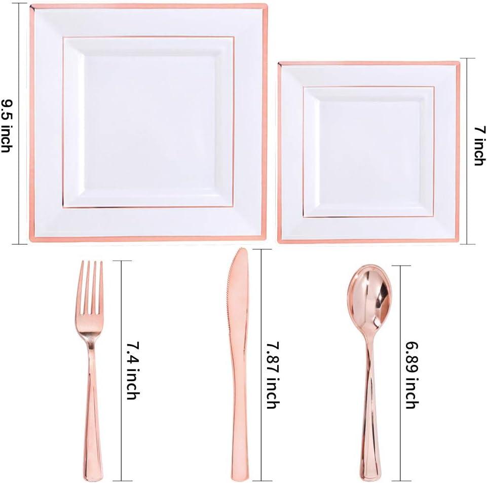 imageWDF 125Pieces Black Plates Disposable with Gold Rim ampamp Disposable Gold Plastic Silverware for Halloween  50 Graduation Plates  25 Forks 25 Knives 25 SpoonsRose Gold