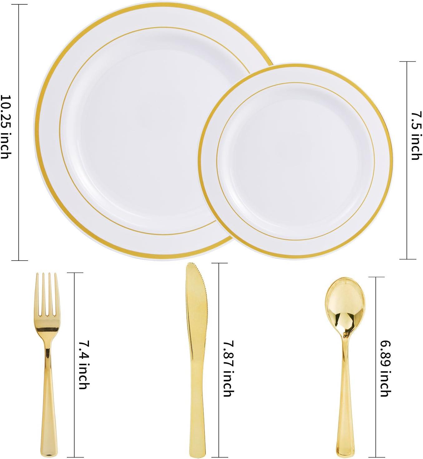 imageWDF 125Pieces Black Plates Disposable with Gold Rim ampamp Disposable Gold Plastic Silverware for Halloween  50 Graduation Plates  25 Forks 25 Knives 25 SpoonsWhite and Gold
