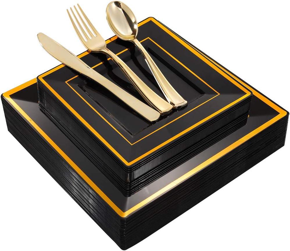 imageWDF 125Pieces Black Plates Disposable with Gold Rim ampamp Disposable Gold Plastic Silverware for Halloween  50 Graduation Plates  25 Forks 25 Knives 25 SpoonsBlack and Gold