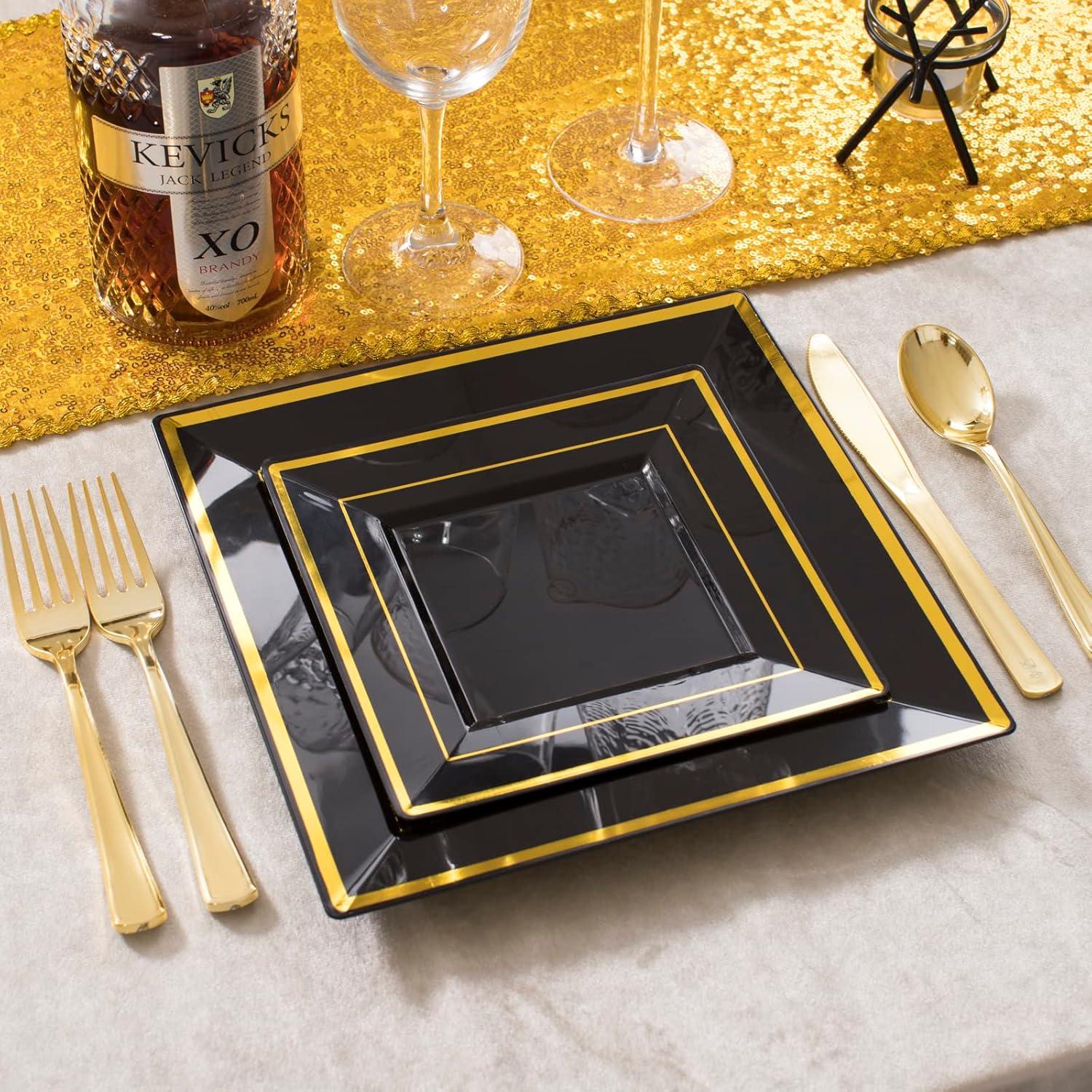 imageWDF 125Pieces Black Plates Disposable with Gold Rim ampamp Disposable Gold Plastic Silverware for Halloween  50 Graduation Plates  25 Forks 25 Knives 25 SpoonsBlack and Gold