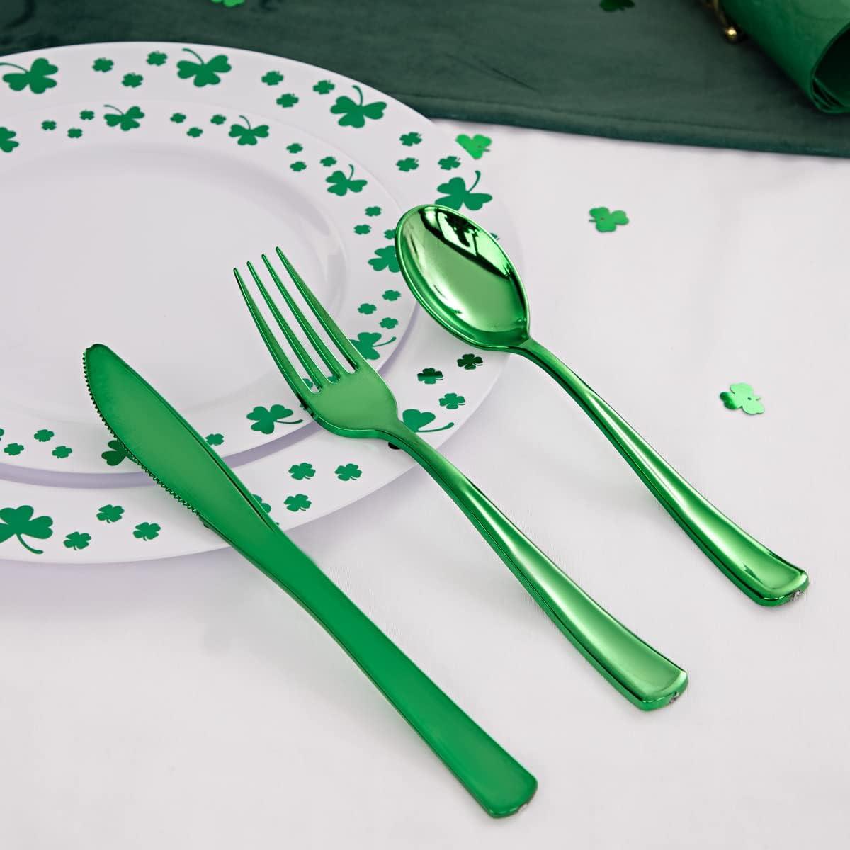 imageWDF 125Pieces Black Plates Disposable with Gold Rim ampamp Disposable Gold Plastic Silverware for Halloween  50 Graduation Plates  25 Forks 25 Knives 25 SpoonsWhiteGreen