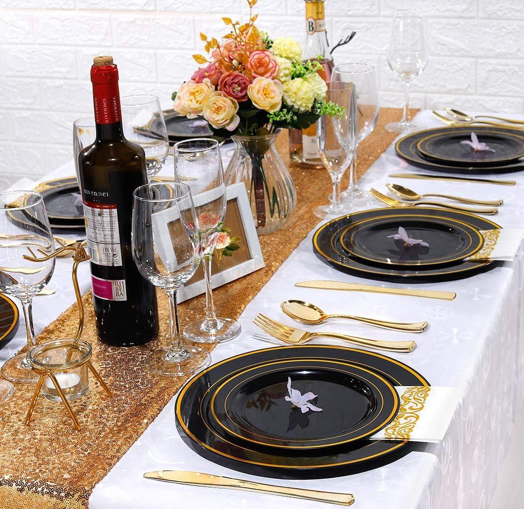 imageWDF 125Pieces Black Plates Disposable with Gold Rim ampamp Disposable Gold Plastic Silverware for Halloween  50 Graduation Plates  25 Forks 25 Knives 25 SpoonsBlack and Gold