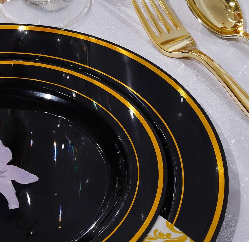 imageWDF 125Pieces Black Plates Disposable with Gold Rim ampamp Disposable Gold Plastic Silverware for Halloween  50 Graduation Plates  25 Forks 25 Knives 25 SpoonsBlack and Gold